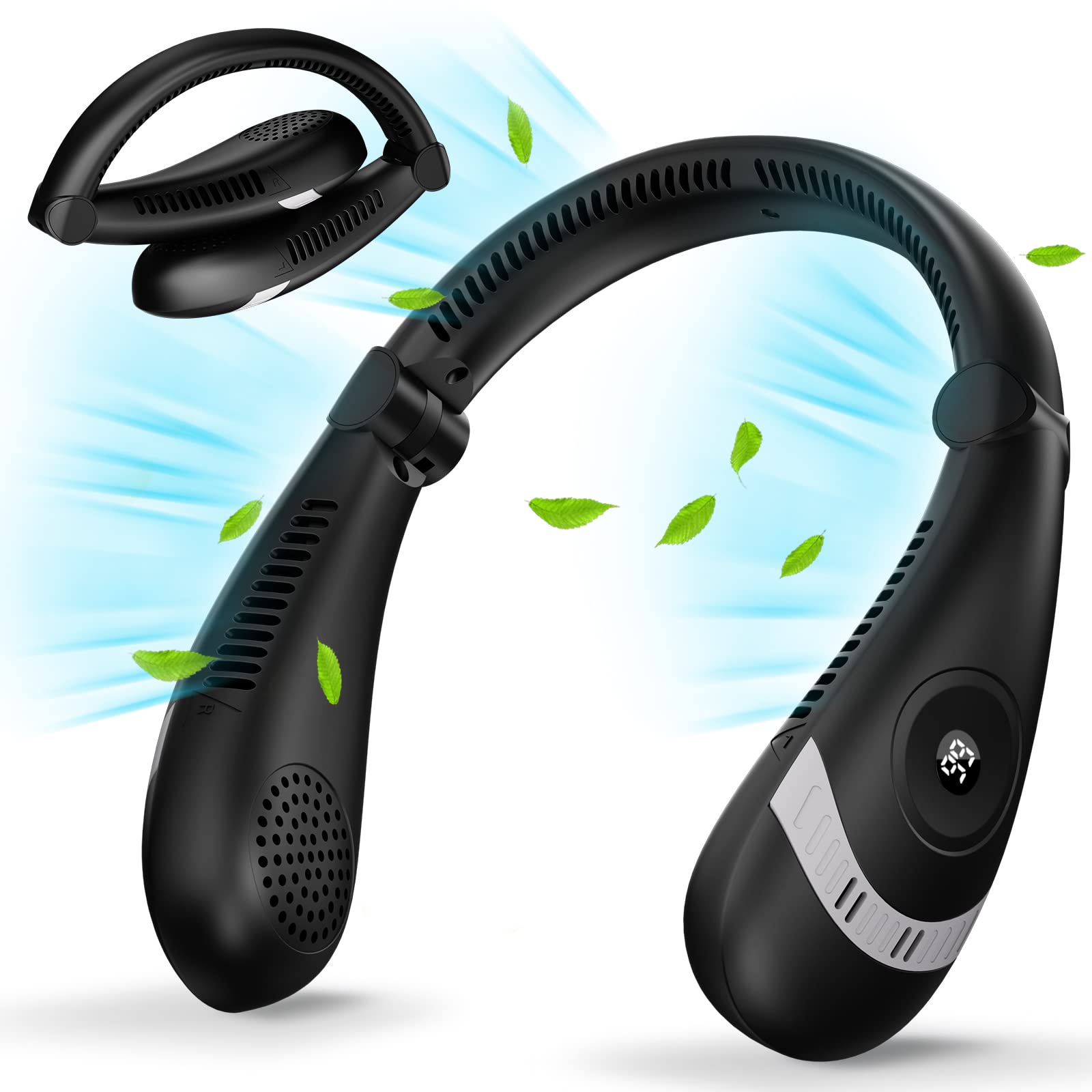 Portable Neck Fan, 360° Cooling Personal Fan, Hands Free Bladeless Fan, Battery Operated, USB Rechargeable, 3 Speeds Wearable Quiet Fan for Outdoor Indoor, Black